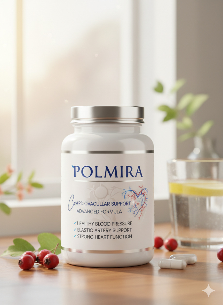 Polmira food supplement bottle and capsules on a neutral surface